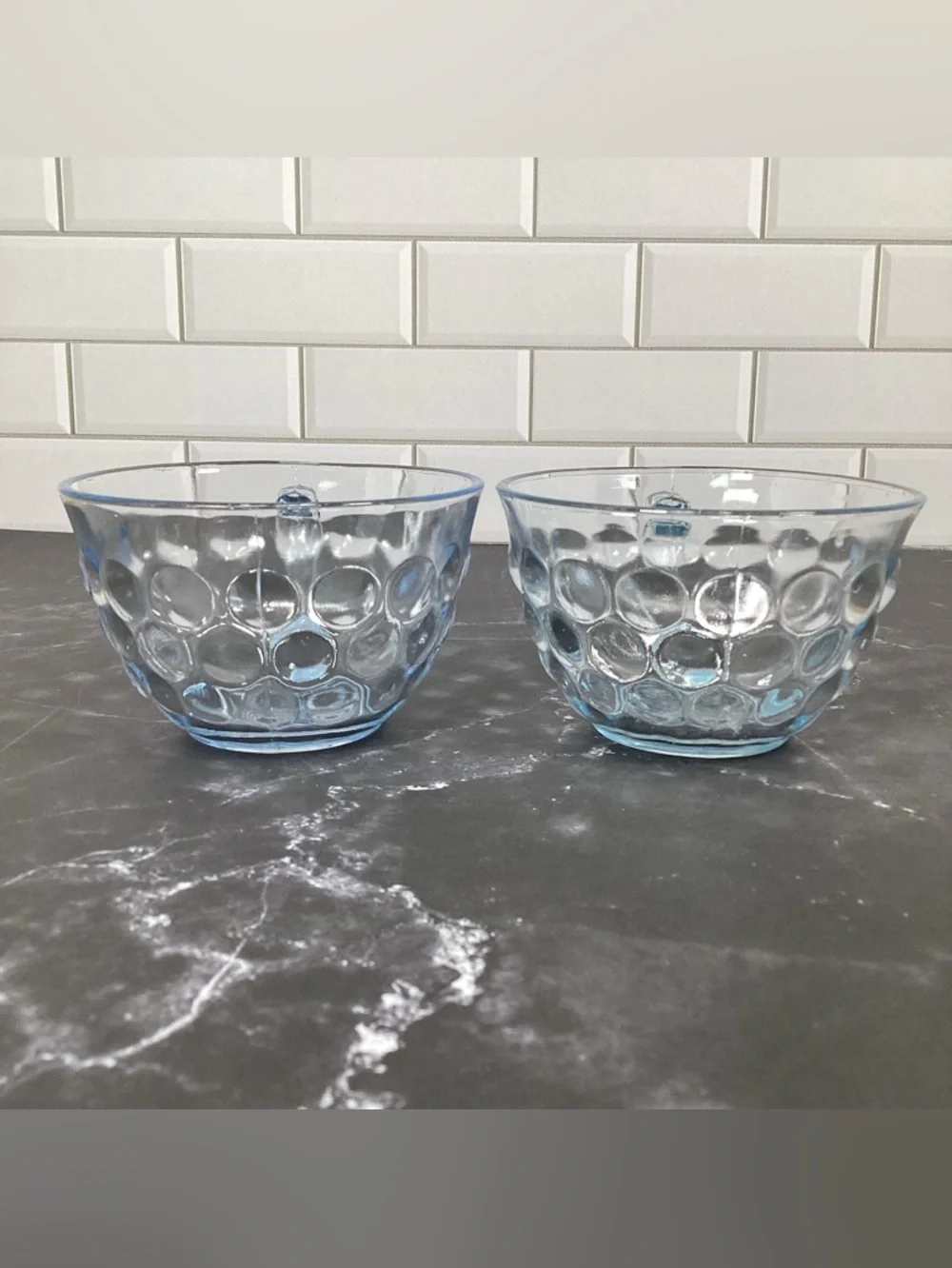 4 Vtg Anchor Hocking Blue Bubble Glass Teacups Or Punch Glasses Depression Glass